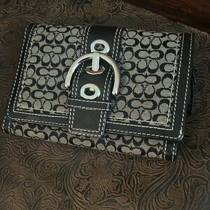 Coach Black Gray Signature Jacquard Leather Buckle Bifold Wallet